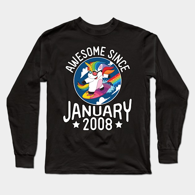 Happy Birthday 13 Years Old To Me Dad Mom Son Daughter Unicorn Surfing Awesome Since January 2008 Long Sleeve T-Shirt by DainaMotteut